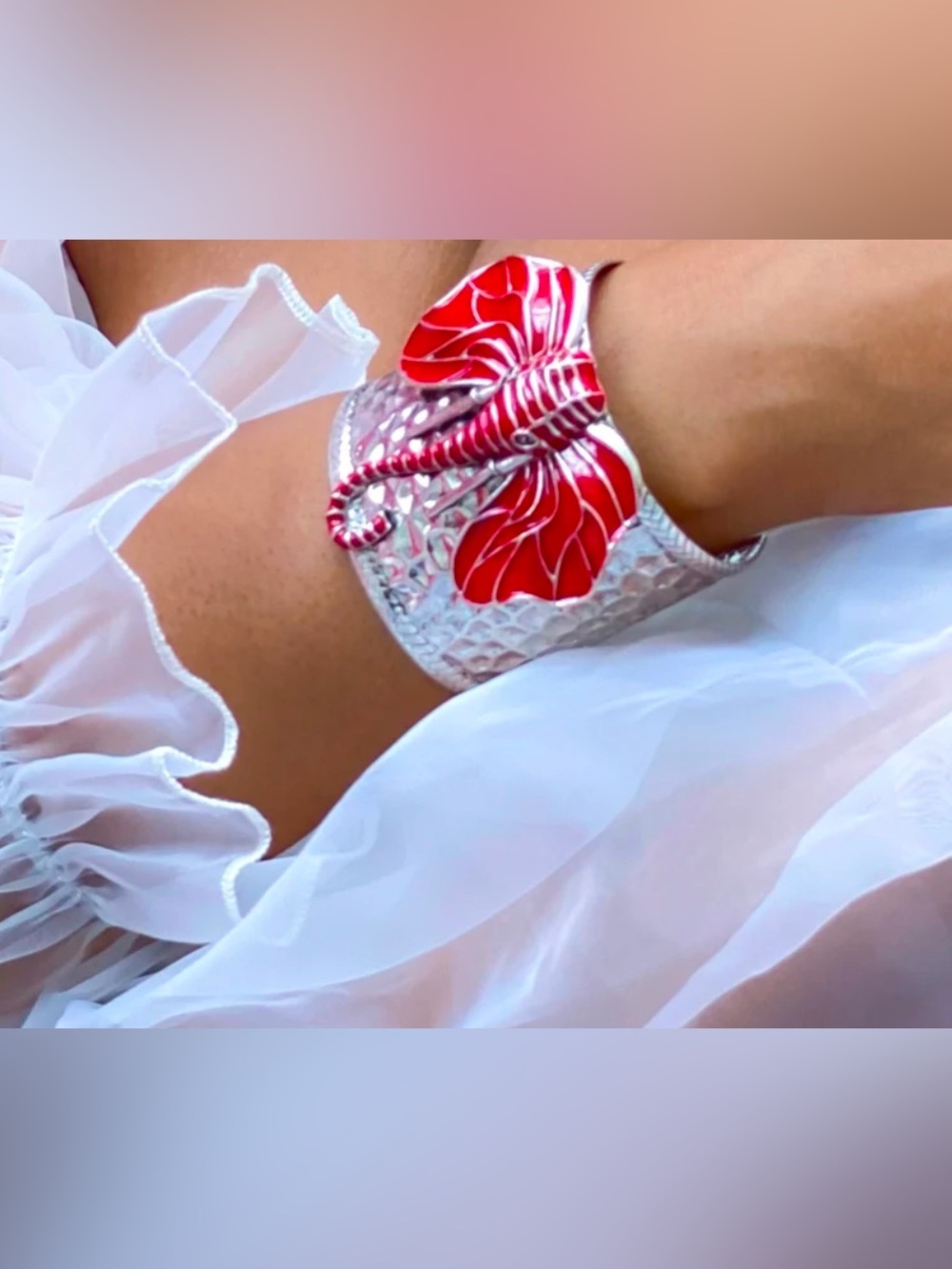 Statement Silver Cuff Bracelet with Red Enamel Floral Accent